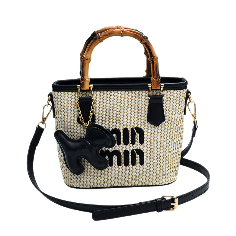 Designer Handbag for Women High-End New Trendy Bucket Straw Woven Bamboo Tote Beach Shoulder Light Luxury Women's Bag