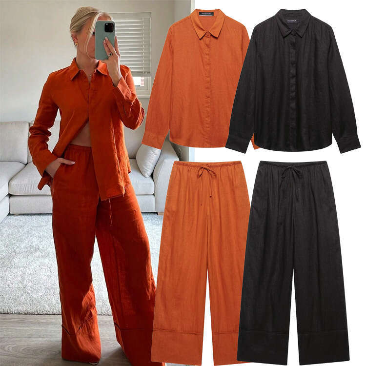 TRAFZA Spring Summer New Style Women's Fashion Casual Turn-Down Collar Long Sleeve Shirt Wide-Leg Pants Set B5
