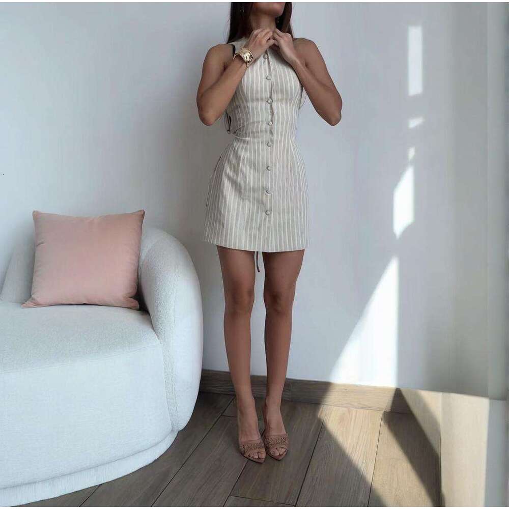 Summer Women's Solid Color Button Tie Waist Fashion Short Dress B5