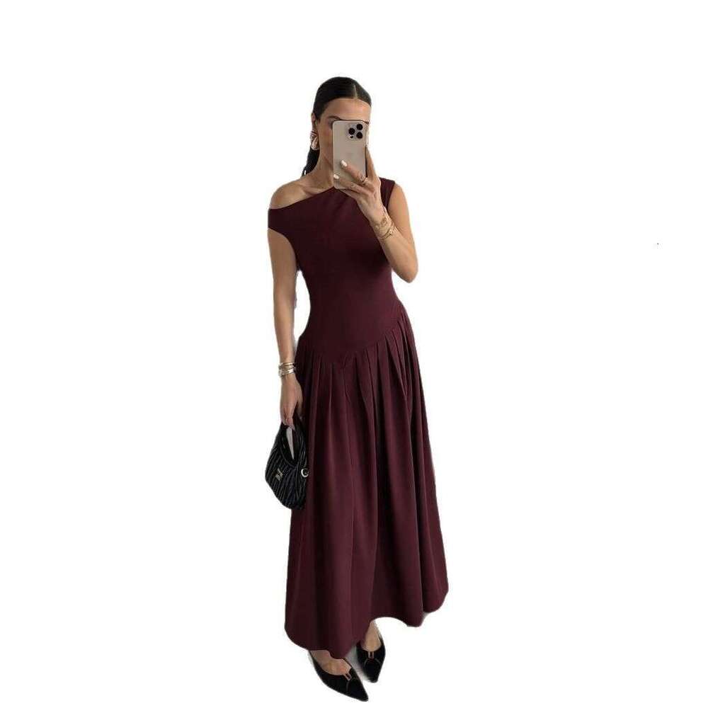 Summer New Style Asymmetrical Shoulder Patchwork Solid Color Sexy Women's Slim Fit Dress B5