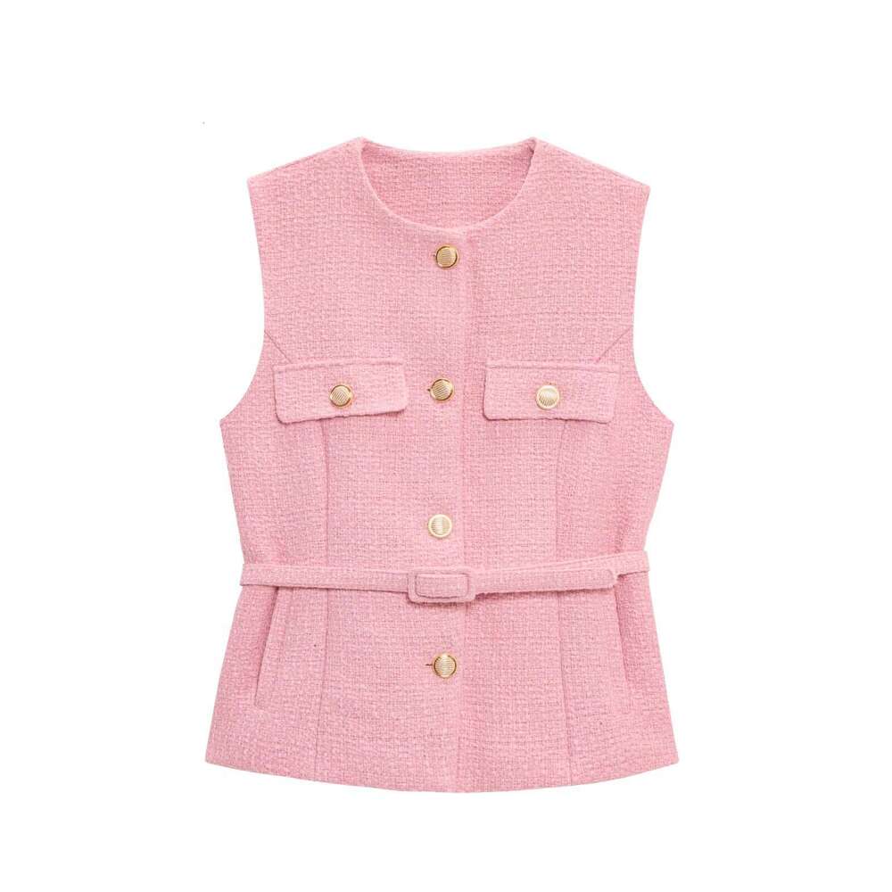 TRAFZA Spring Elegant Metal Button Sleeveless Round Neck Slim Fit Jacket Women Belt Decorated Beaded Vest B5