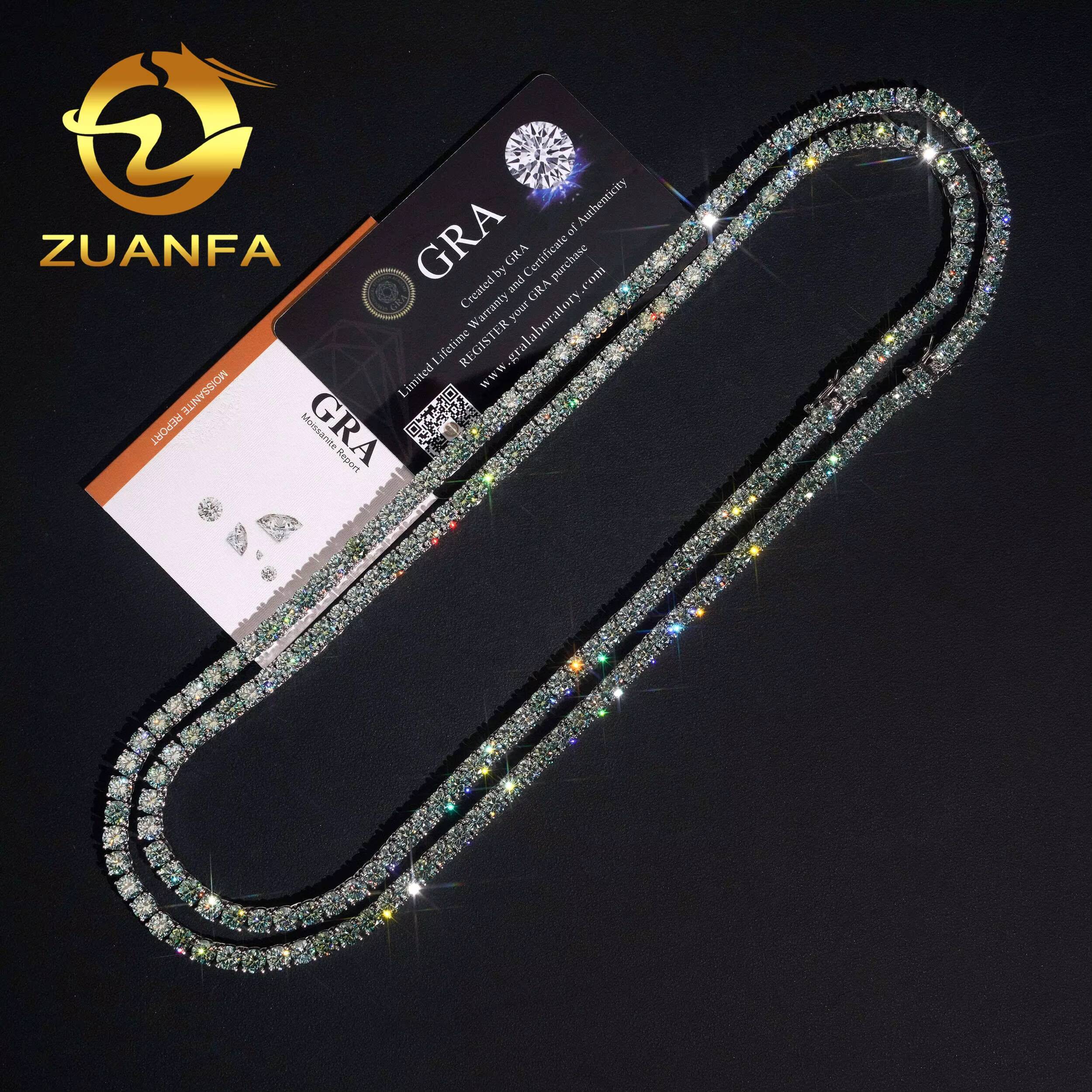 Pass Diamond Tester Hip Hop 925 Silver Color Blue Green Moissanite Diamond Tennis Chain Necklace