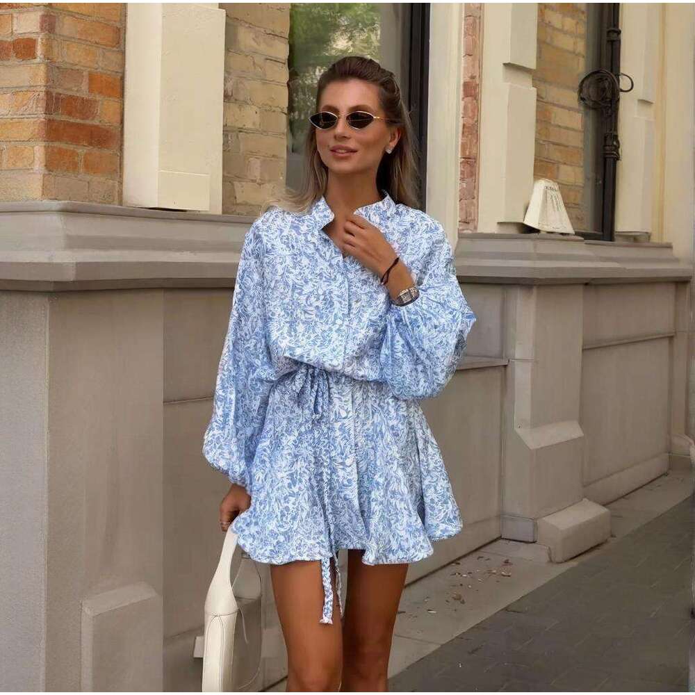 Summer New Women's Floral Single-Breasted Tie Slim Short Dress B5