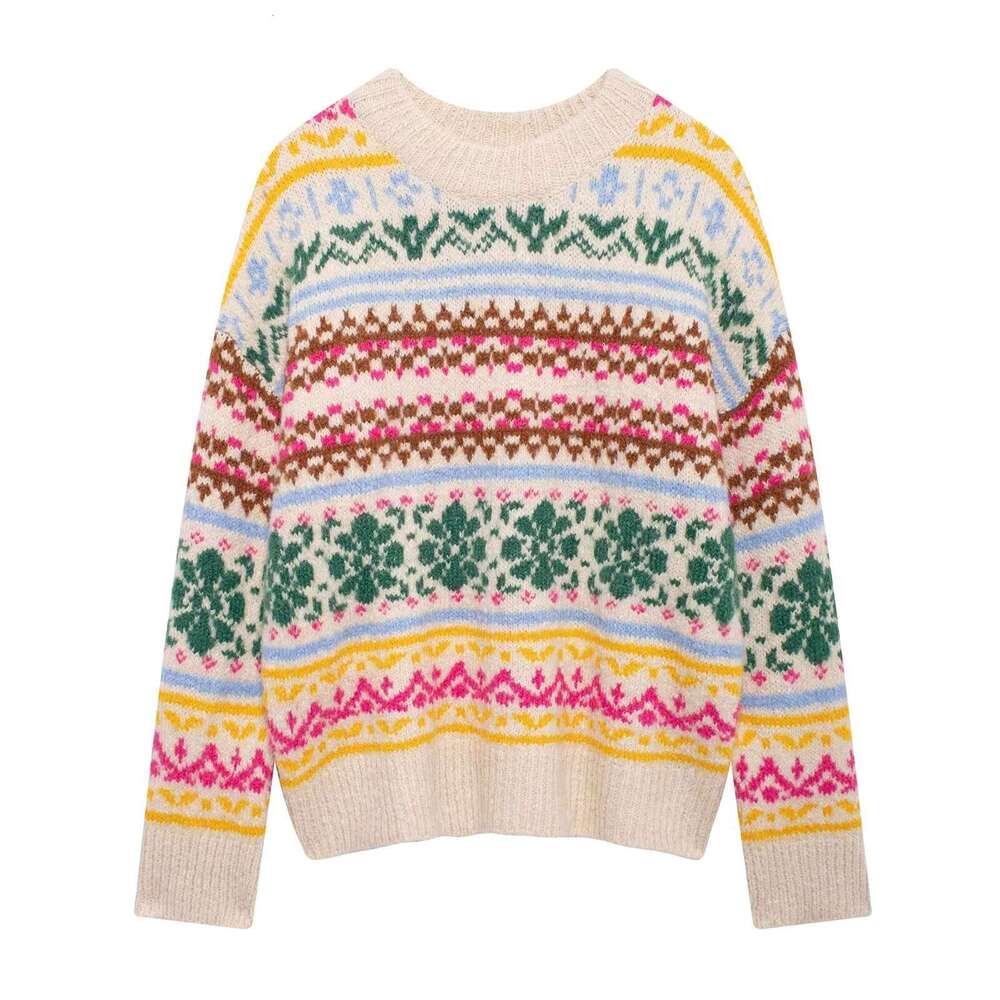 TRAFZA Style Women's New Color-Block Jacquard Loose Long-Sleeve Crew Neck Knit Sweater B5