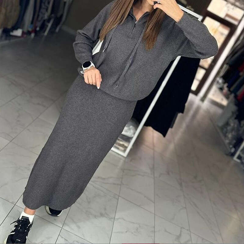 Knitted Sweater Women's Autumn New Hooded Sweatshirt Fashion Casual Skirt Set B5