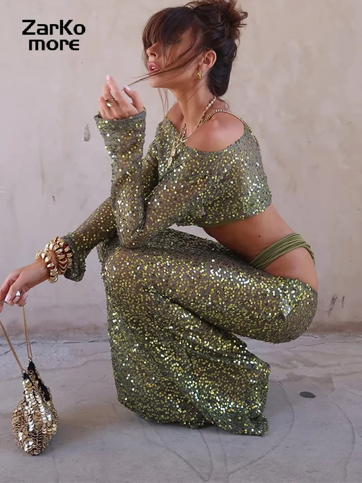 Beach Sequin Crop Top Long Skirt Set Women Slim Slash Neck Long Sleeve Jumper Mermaid Skirt Summer See Through Green Outfit 250714