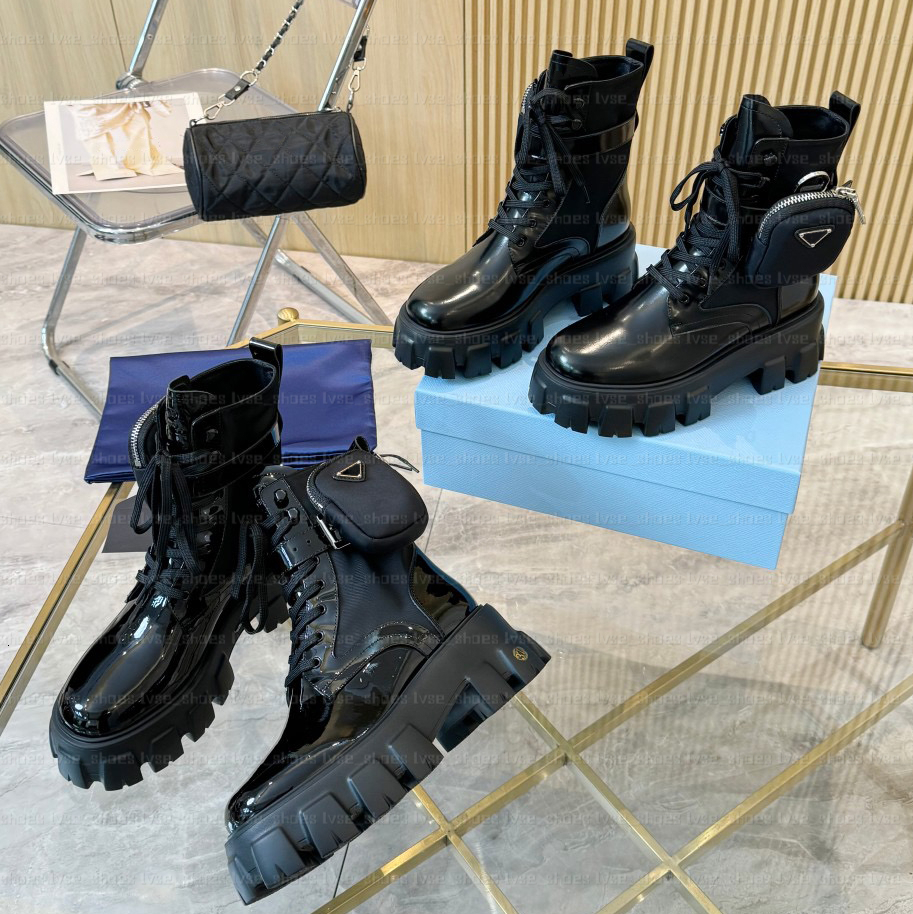 Designer Boots Monolith White Leather Nylon Pouch Ankle Combat Boots platform Wedges Lace-Up Round Toe Block Heels Flat Booties Chunky Luxury Women factory footwear