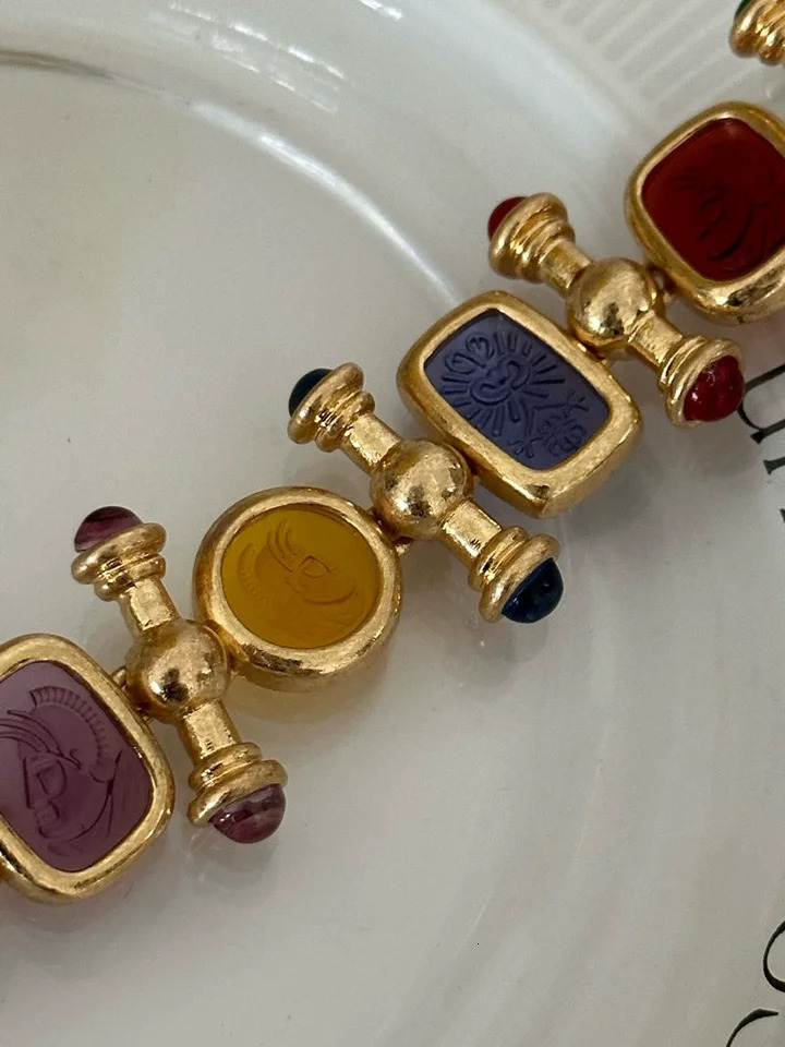 Brass Statement Chunky Colorful Retro Beads Bracelet Women Jewelry T Show Runway Gown Rare INS Japan Korean Trendy 250711