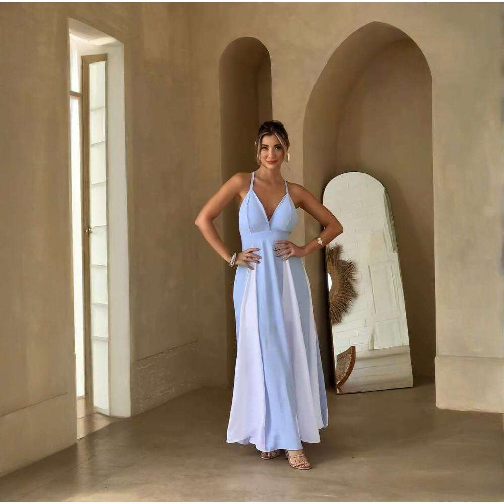 Summer New Women's Solid Color Strap Tie Sexy Elegant Fashion Dress B5