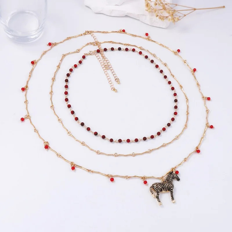 Trendy and Luxurious with Multiple Layers of Stacked Bead Chains Alloy Animal Zebra Pendant Necklace and Accessories 250711
