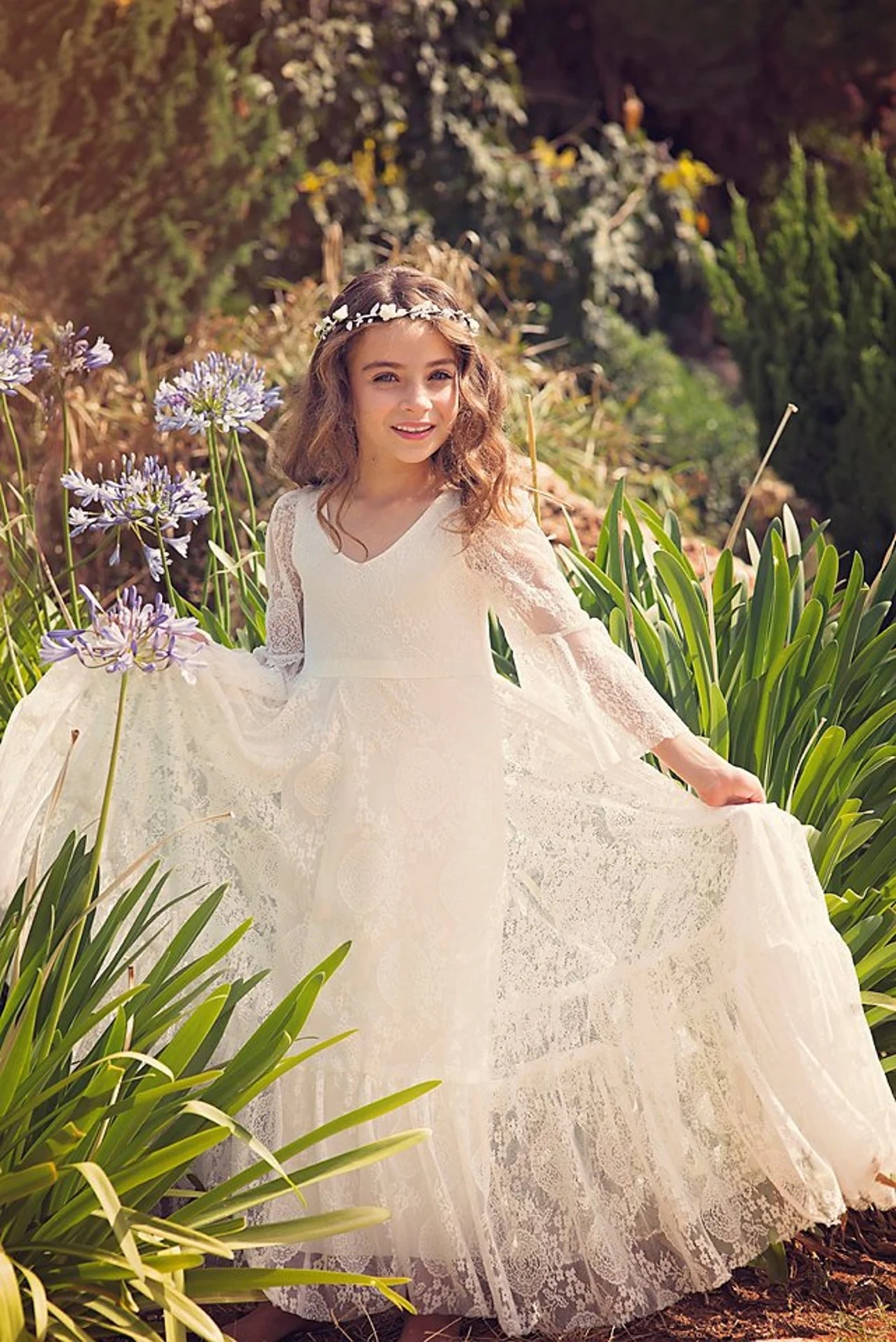 Cute Summer Boho Flower Girl Dress 2-14 Years Ivory Soft Lace First Communion Dress Flared Sleeves Bohemian Princess Kids Party Dress MC0668