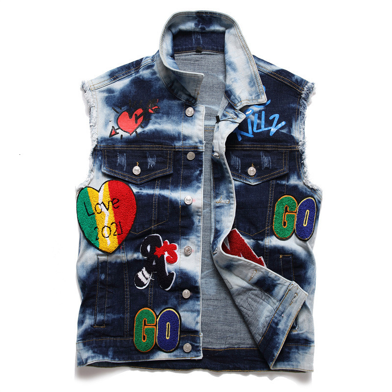 Embroidery Graffiti Denim Vests Mens Punk Denim Waistcoat Sleeveless Outerwear Youth Yashion Jeans Vests Cardigan 240826