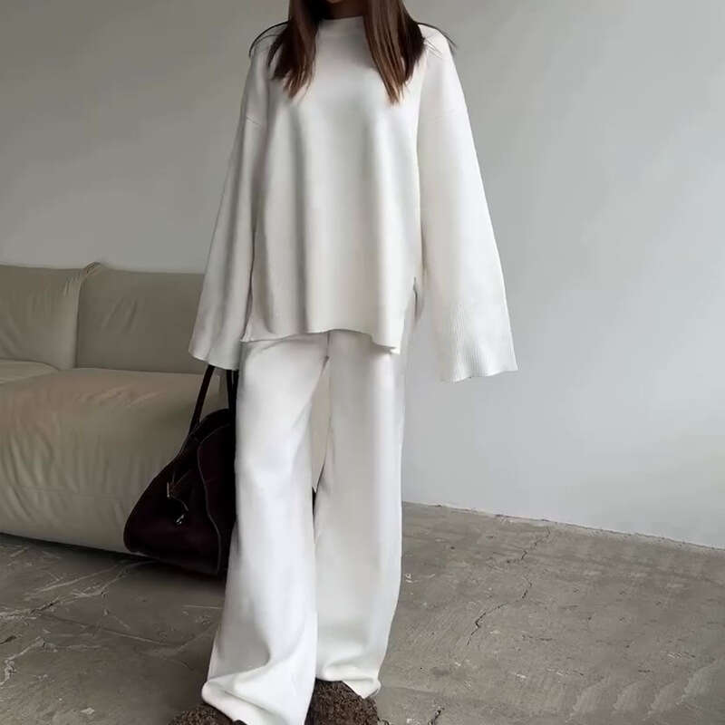 Women's Clothing Spring New Solid Color Round Neck Fashion Casual Wide Leg Pants Sweater Set For Women B5
