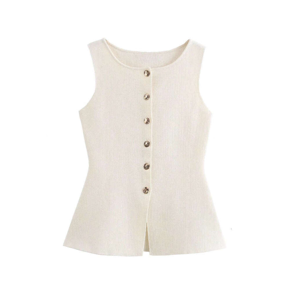 TRAFZA Style Spring Sleeveless Slim Fit Plain Knit Gold Button Vest Women's Knitted Top B5