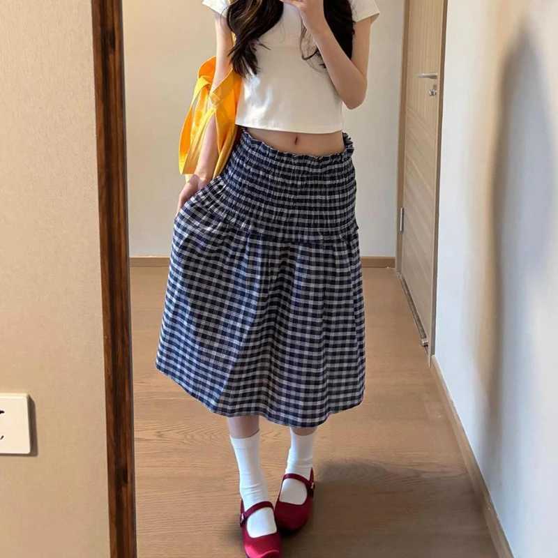 2025 Korean Elastic High Waist Plaid Skirt Women Summer Patchwork Sleeveless A Line Dress Chic Pleated Midi Skirts Female R250728