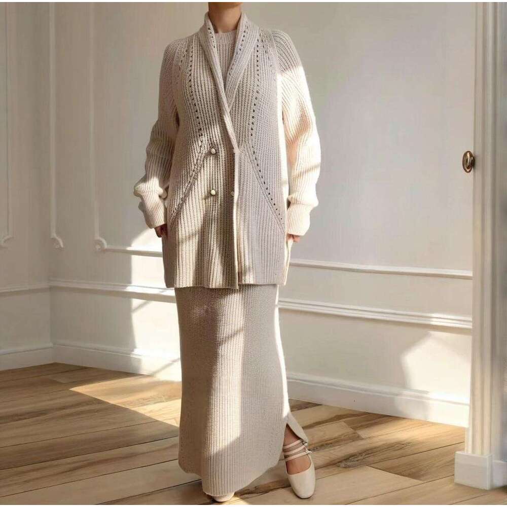 New Russian Women's Fashion Solid Color Elegant Slim Long Dress Two-Piece Set B5