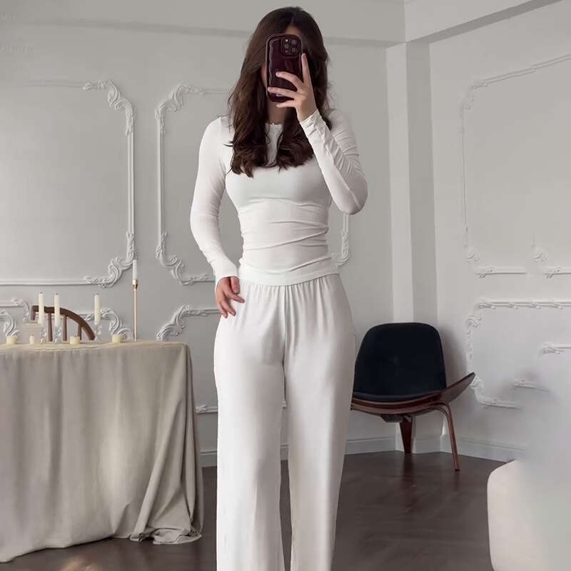 Summer New Women's Round Neck Solid Color Wide Leg Pants Elegant Commuting Fashion Set B5