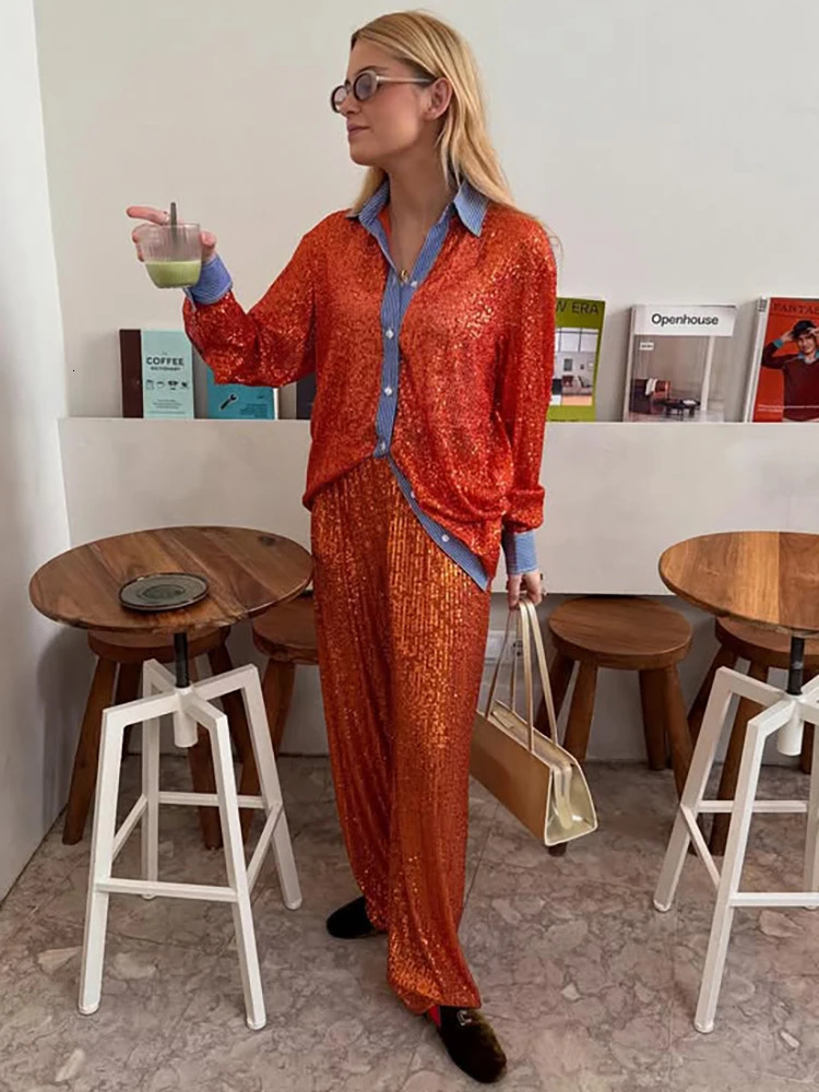 Mozision Sequin Loose Pants Two Piece Sets Women Patchwork Long Sleeve Shirt And Trouser Female Elegant Long Pants 2 Piece Sets 250714