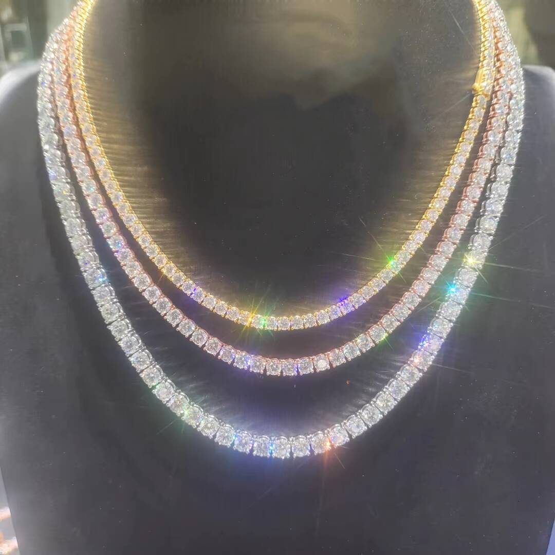 Moissanite Hip Hop Tennis Chain Necklace 4mm 925 Silver with 9K 10K 14K 18K VVS Diamonds Versatile Jewelry