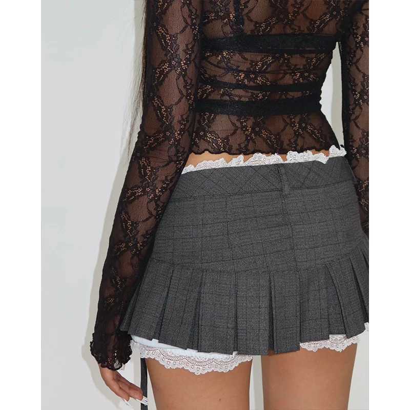 2024 Fall Y2K Low Waist Pleated Mini Skirt with Lace Trim Sweet Bow A-line Skirt for Kawaii Girls Casual Women Clothing R250728