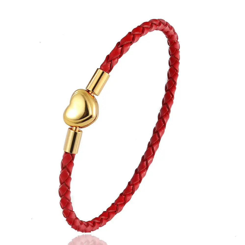 Fashion Women Gold Plated Lover Bracelet Bangle Leather Chain With Love STAINLESS STEEL Clasp Pan Bracelet Bead Charms Bracelet 250712