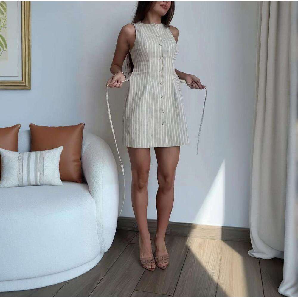 Summer Women's Solid Color Button Tie Waist Fashion Short Dress B5