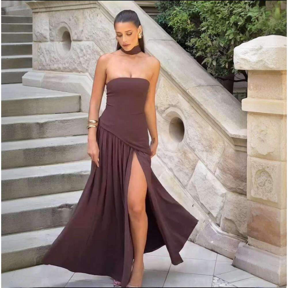 Summer New Women's Fashion Elegant Romantic Atmosphere Patchwork Pleated Strapless Dress B5