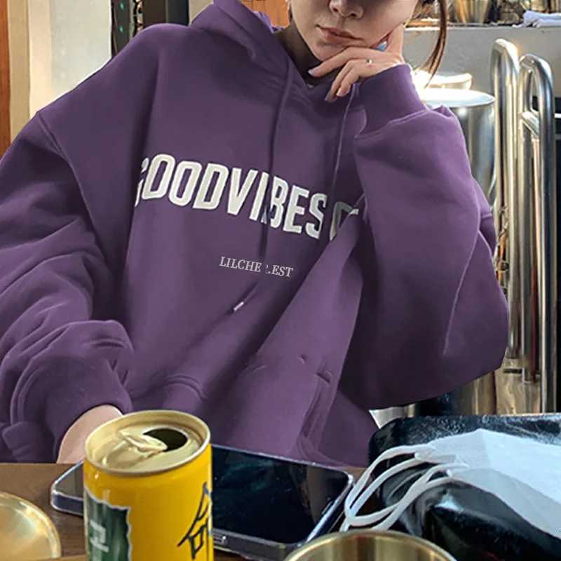 Autumn Fleece Hoodie Solid Color Letter Hooded Korean Fashion Sweatshirts Long Sleeve Top Drawstring Pockets Loose Hoodies X2507151