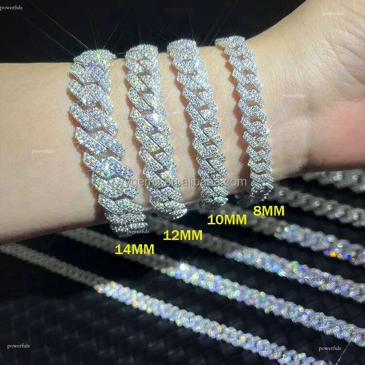 VVS Mossanite 2rows 8mm 10mm 12mm 14mm S Sier Dia Necklace fashion Man Moissanite Hiphop Cuban k Chain