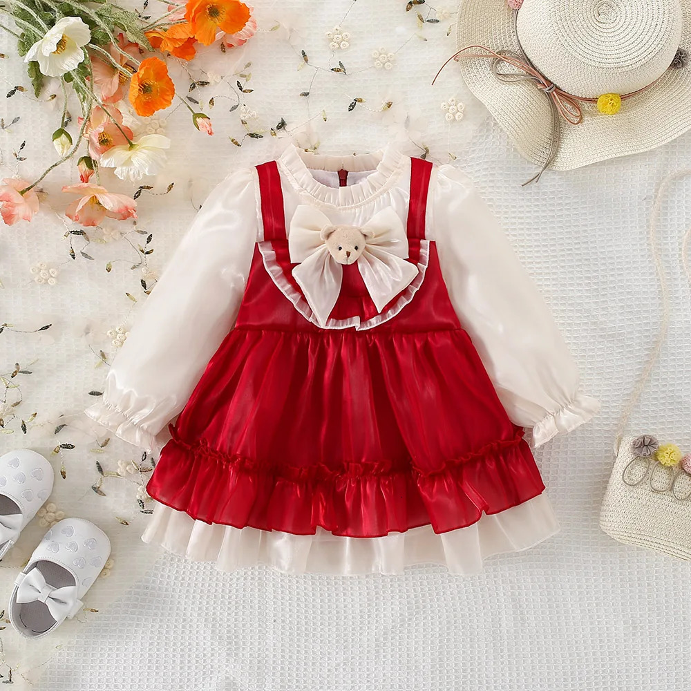Spring and Autumn Bow Little Bear Girl Princess Dress Sweet Childrens Long sleeved Clothes 0-3 Years Old 250715