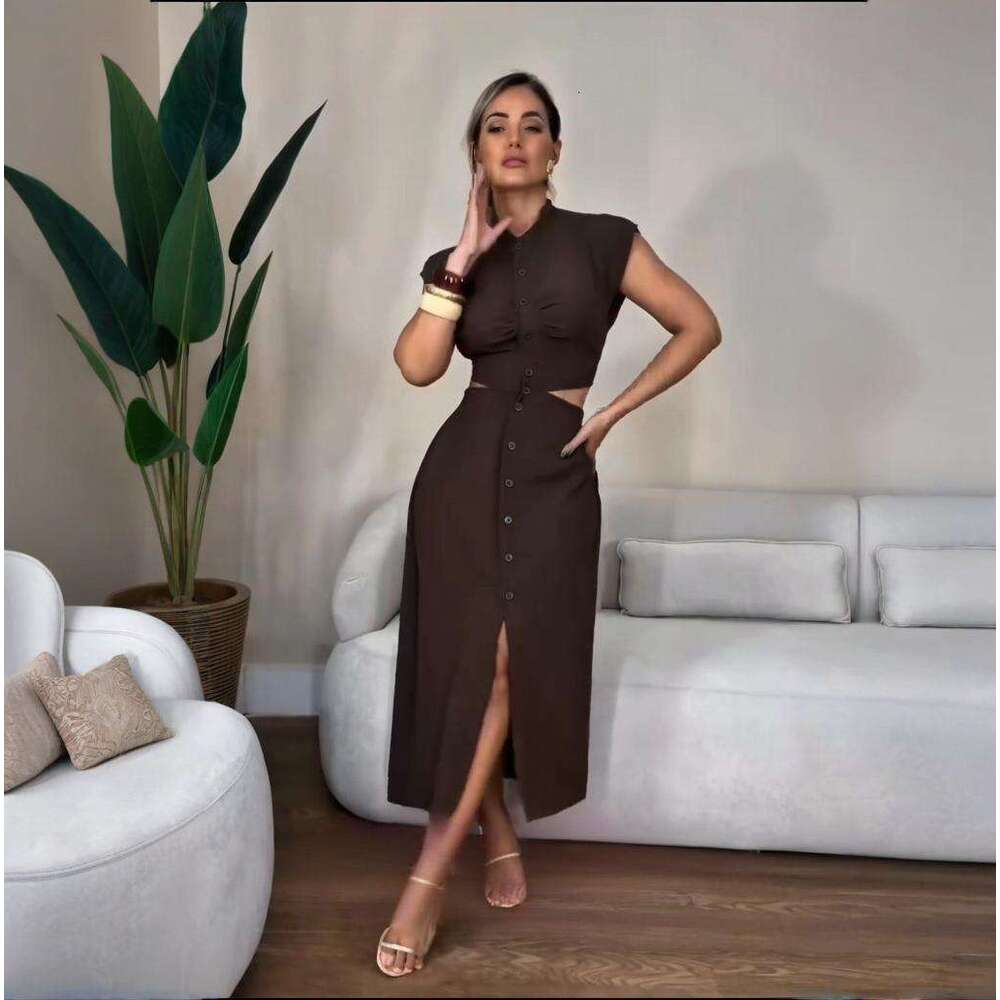 Summer New Women's Clothing Button Hollow Sleeveless Round Neck Elegant Casual Long Dress B5