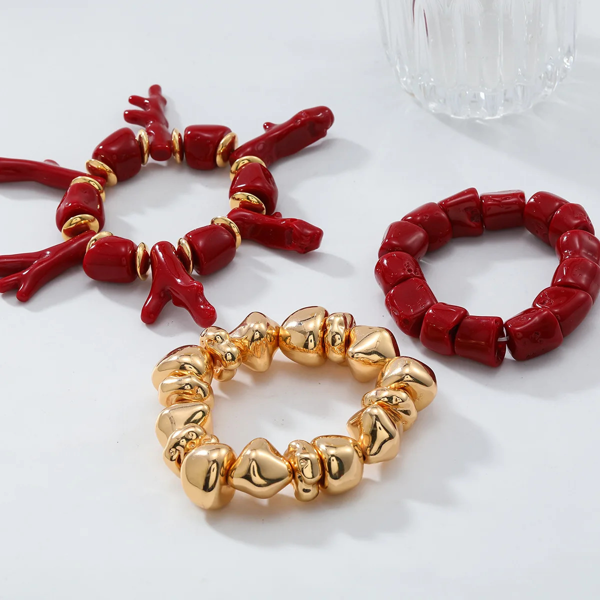 ZAA Exaggerated Summer Vacation Style Red Coral Bracelet 3-Piece Set 250711