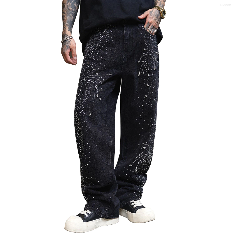 Men's Jeans Men Crystal Denim Loose Rhinestone Black Pants Punk Luxurious Design Hip Hop Streetwear Straight Trousers