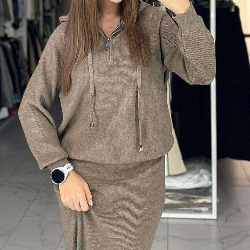 Knitted Sweater Women's Autumn New Hooded Sweatshirt Fashion Casual Skirt Set B5