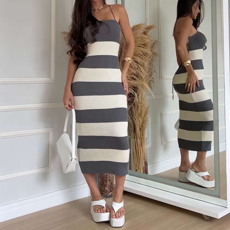 Summer New Knitted Sexy Color Block Fashion Vacation Beach Long Dress Women's Clothing B5