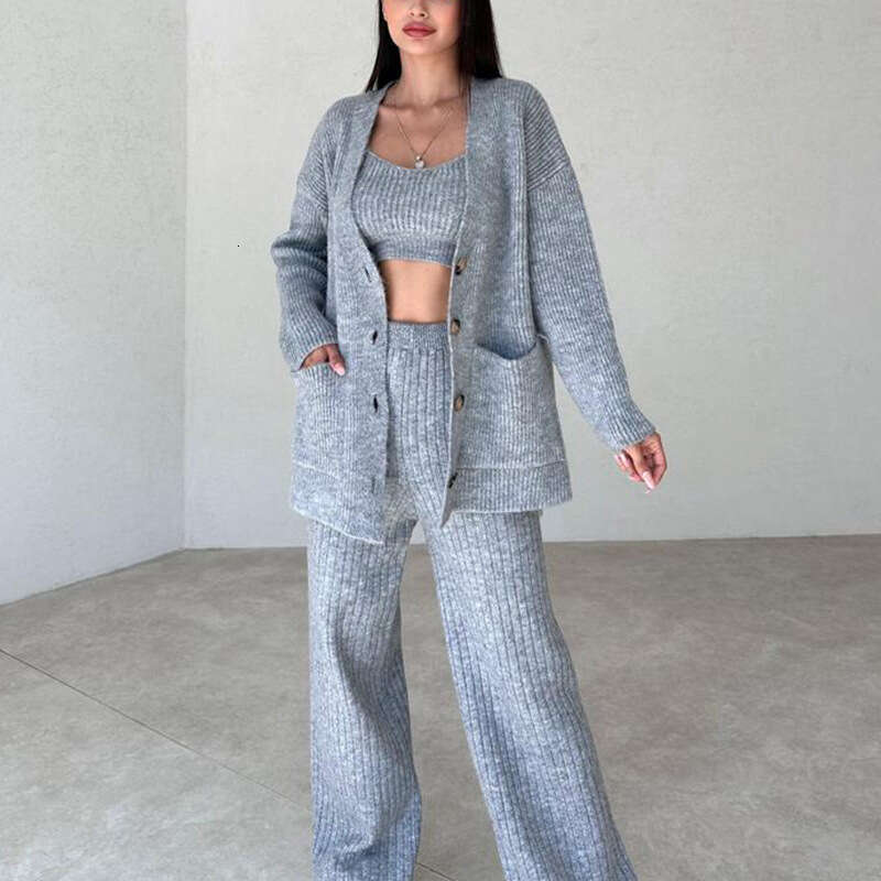Spring Women's Clothing Sweater Button Cardigan Jacket Vest Long Pants Three-Piece Set B5