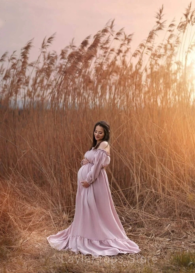 Off Shoulder Womens Boho Dresses Maternity Gown Fotoshoot One Size Maxi Pregnancy Muslin Vintage Baby Shower Poshoot Session 250715