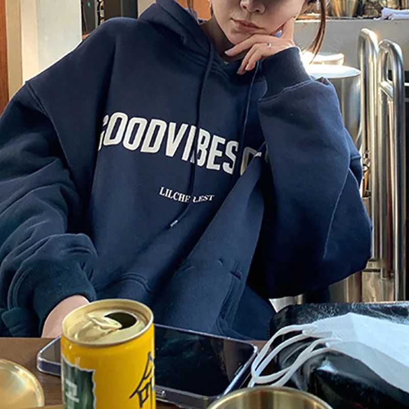 Autumn Fleece Hoodie Solid Color Letter Hooded Korean Fashion Sweatshirts Long Sleeve Top Drawstring Pockets Loose Hoodies X2507151