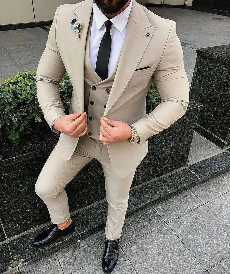 Prom Tuxedo Slim Fit Piece Groom Wedding Suits For Men Custom Blazer Terno Masuclino 3 Pieces (Jacket +Vest +Pant)