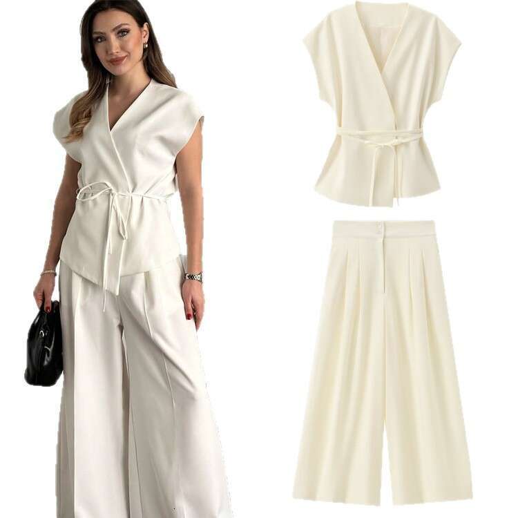 TRAFZA Spring Summer New Style Women's Fashionable Casual Sleeveless Double-Breasted Vest And Pleated Pants Set B5