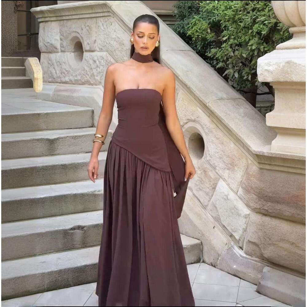 Summer New Women's Fashion Elegant Romantic Atmosphere Patchwork Pleated Strapless Dress B5