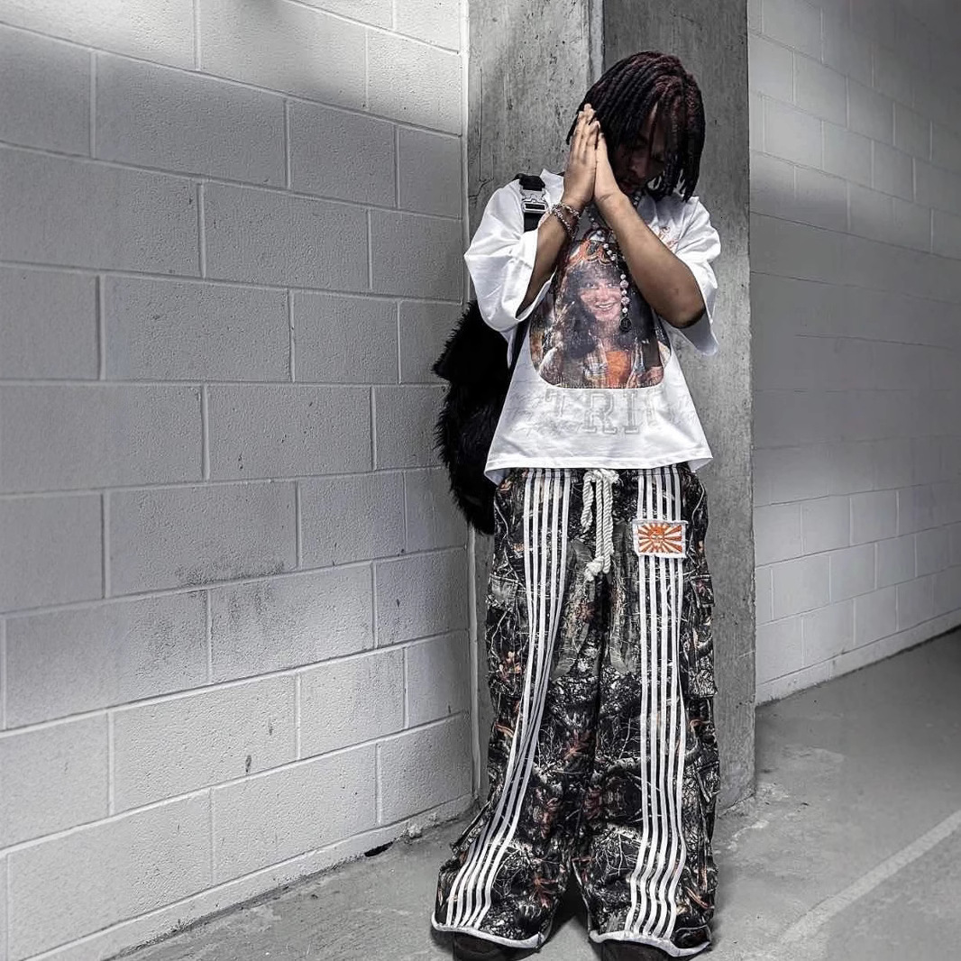 American high street workwear double waisted sweatpants leaf camouflage heavy striped loose wide leg pants y240910