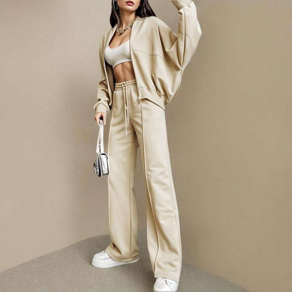 Spring Round Neck Fashion Simple Elegant Sweatshirt Jacket Casual Straight Pants B5