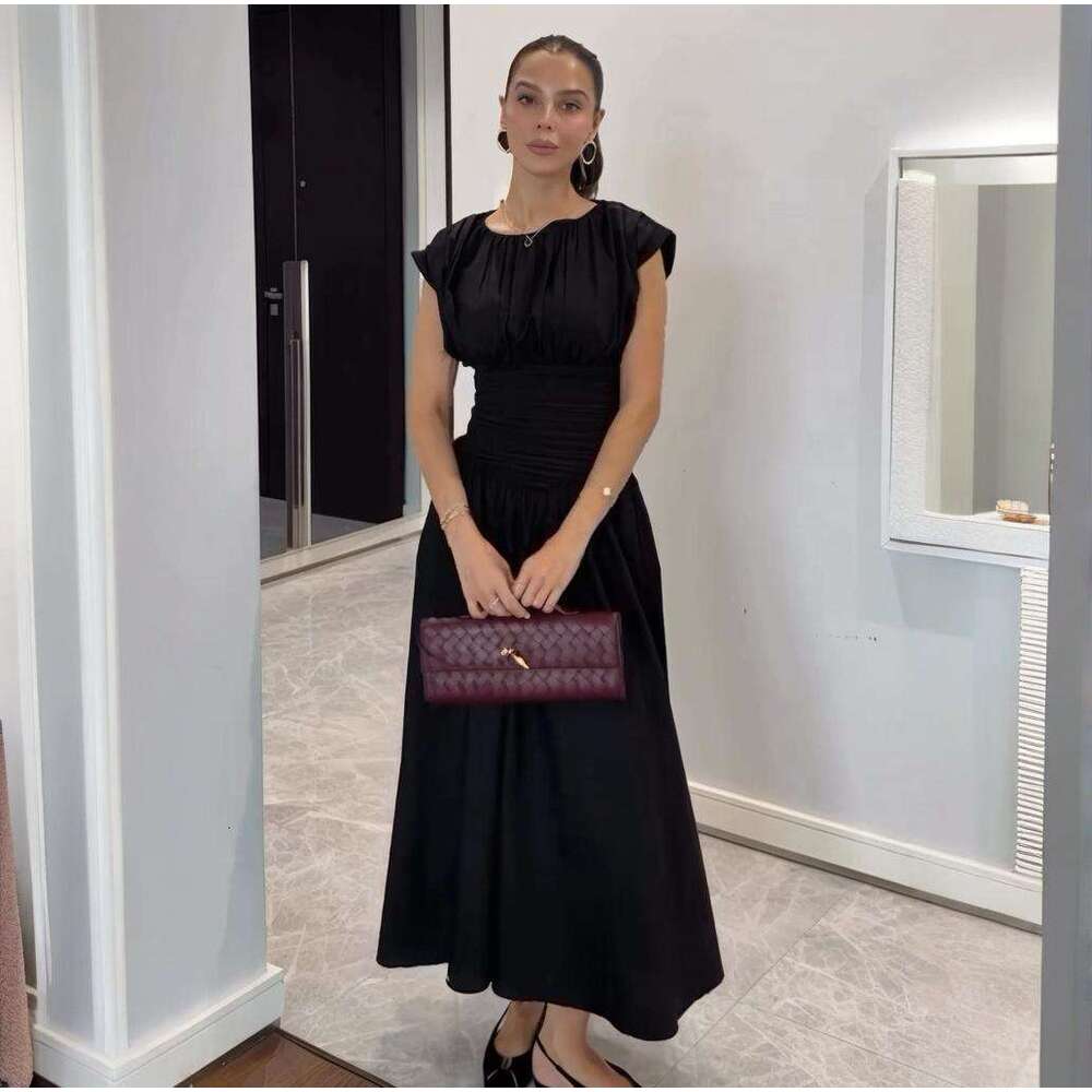 New Sweet Pure Desire Waist-Cinching Slimming A-Line French Style Girl Pleated Patchwork Short Sleeve Mid-Length Dress For Women B5