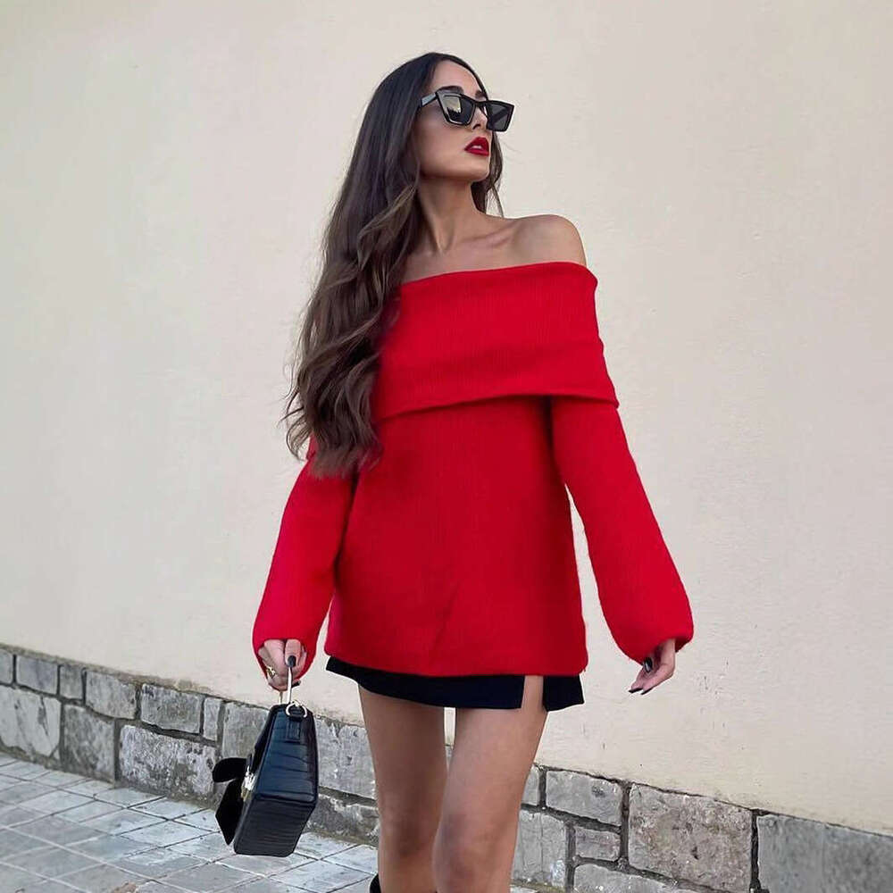 TRAFZA Winter Off-Shoulder Long Sleeve Loose Knit Pullover Sweater For Women B5