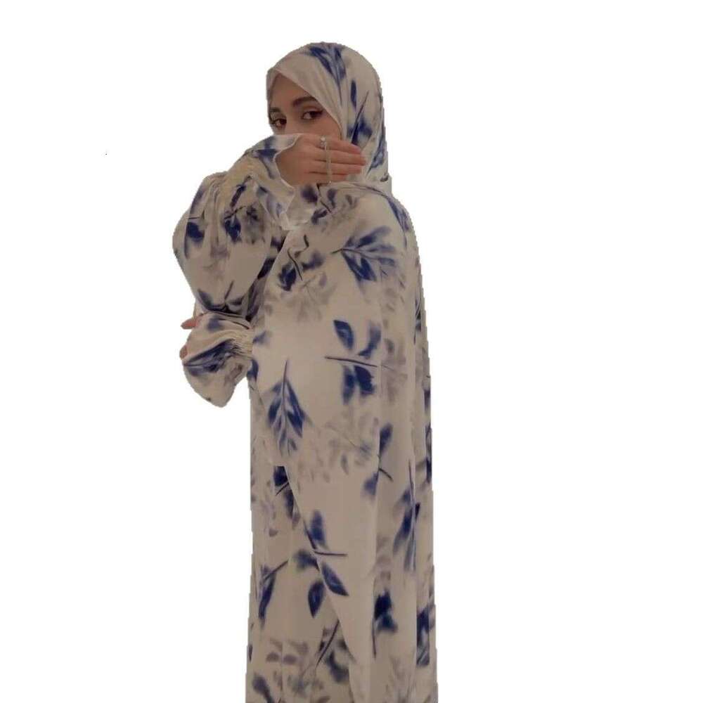 Summer Women's Long Sleeve Printed Robe Waist-Cinching Elegant Fashion Dress B5