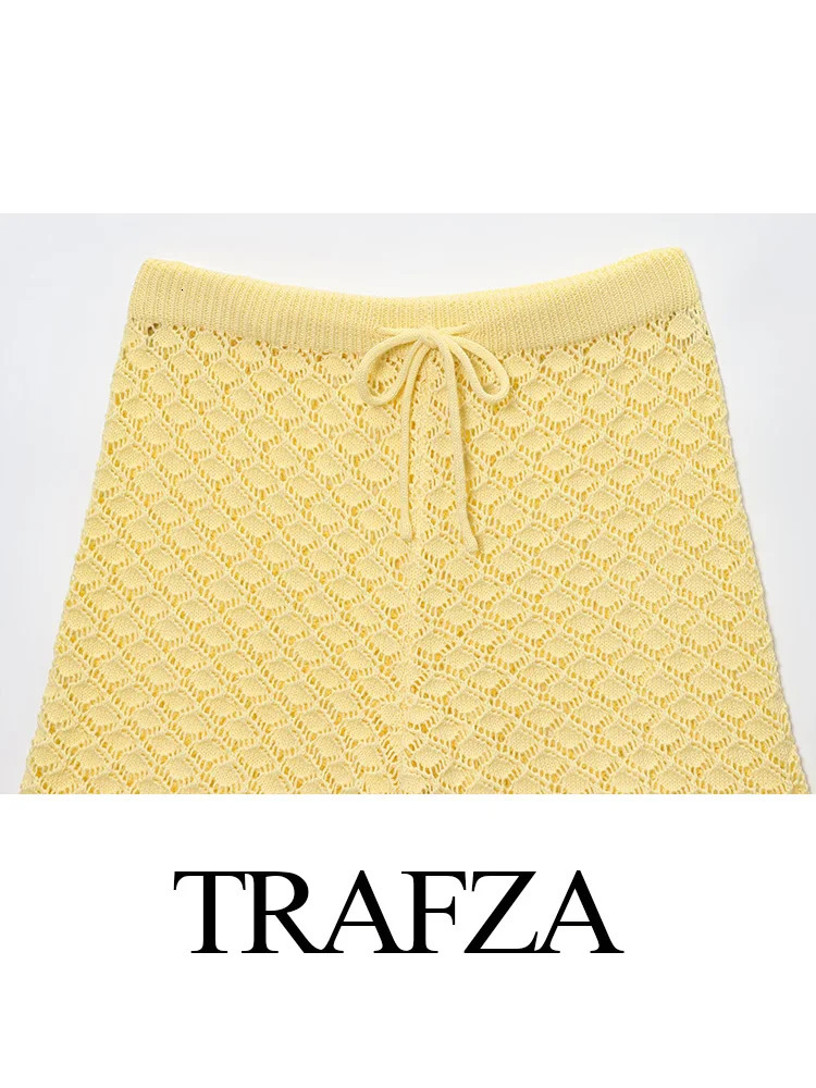 TRAFZA Women 2-Piece Set Knitted Crochet Short Sleeve Lapel Beach Shirt TopSummer Chic Solid High Waist Draw Rope Casual Shorts 250714