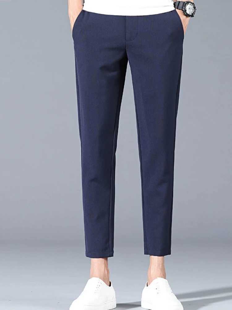 Blue Straight Slim Fit Thin Mens 9 Cropped Suits Pants Casual Korean Reviews Many Summer 2025 New Work Wear Male Suit Trousers W250715