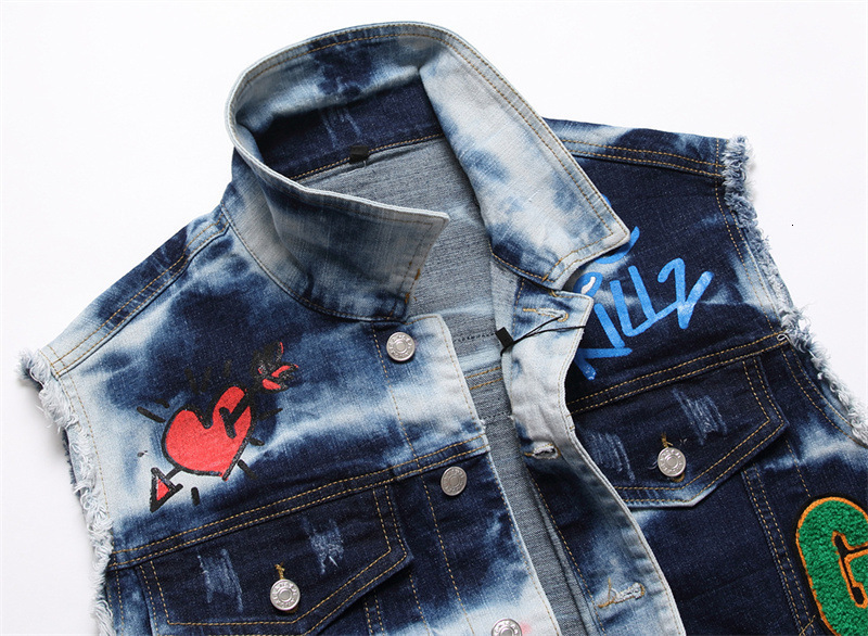 Embroidery Graffiti Denim Vests Mens Punk Denim Waistcoat Sleeveless Outerwear Youth Yashion Jeans Vests Cardigan 240826