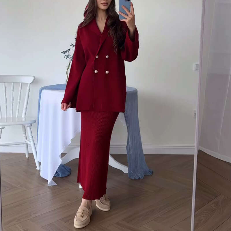 Spring New Women's Solid Color Long Sleeve Button Jacket And Skirt Fashion Set B5